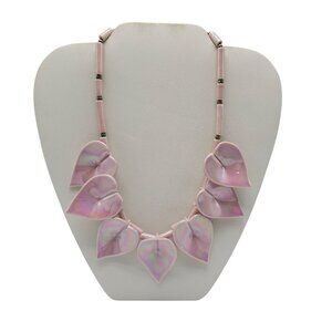 Vintage Pink Iridescent Painted Porcelain Leaf Necklace With Barrel Clasp